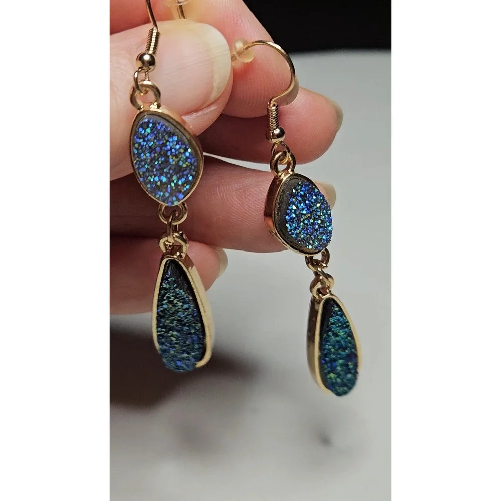 Faux Druzy Drop Earrings Womens OS Blue Green Gold Tone Iridescent Boho